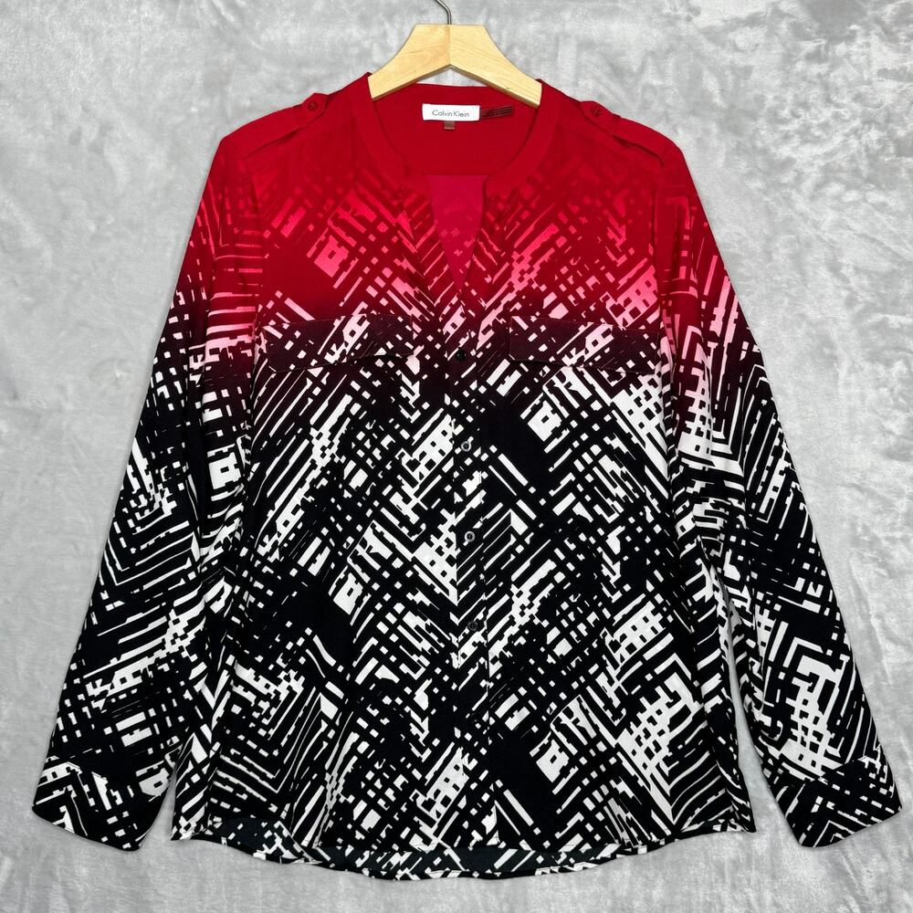 Calvin Klein Top Womens Large Black White Red Abstract Print Button Front Career